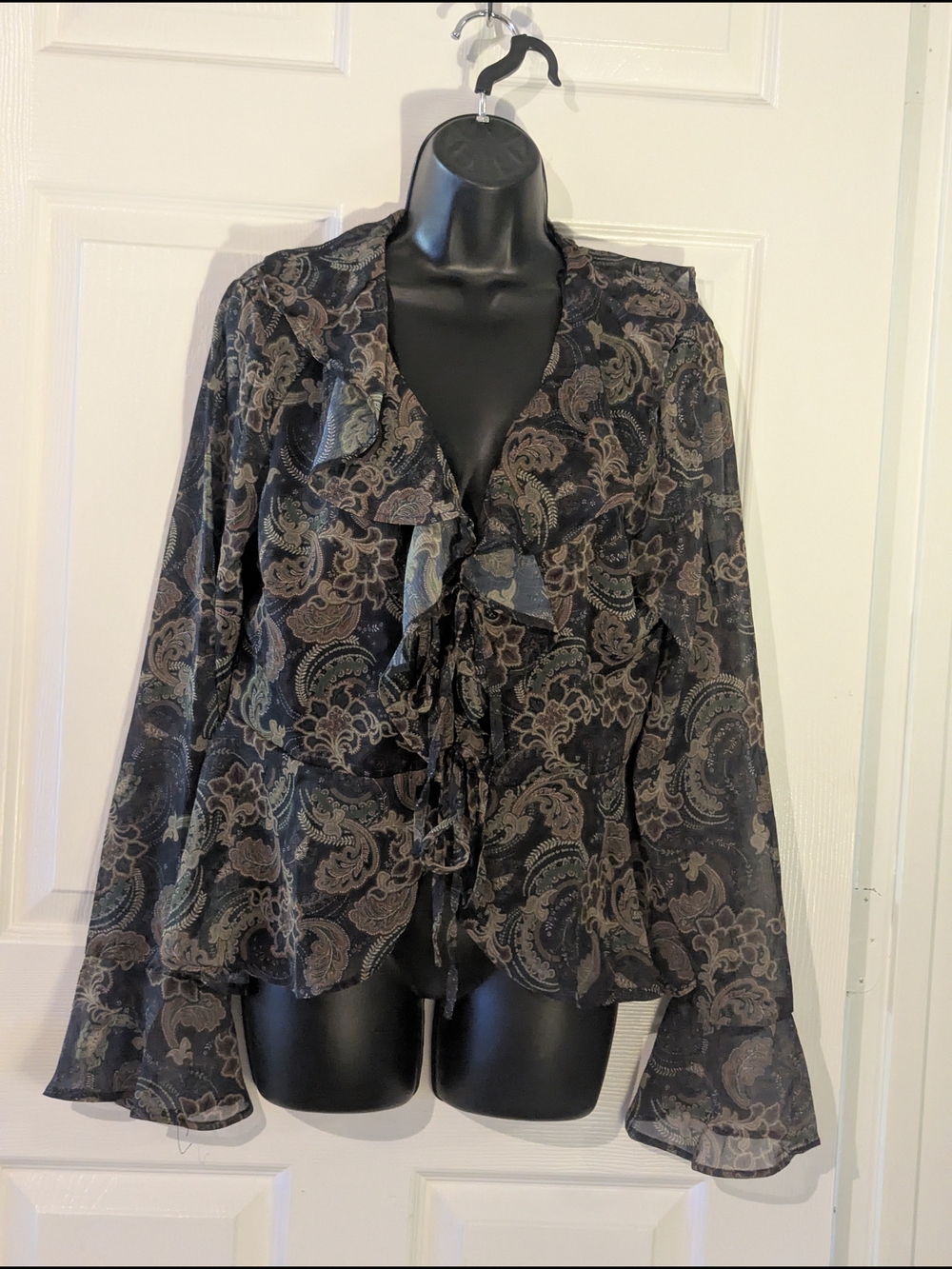 Flying Tomato Paisley Sheer Tie Front Ruffle Bell Sleeve Boho Blouse L